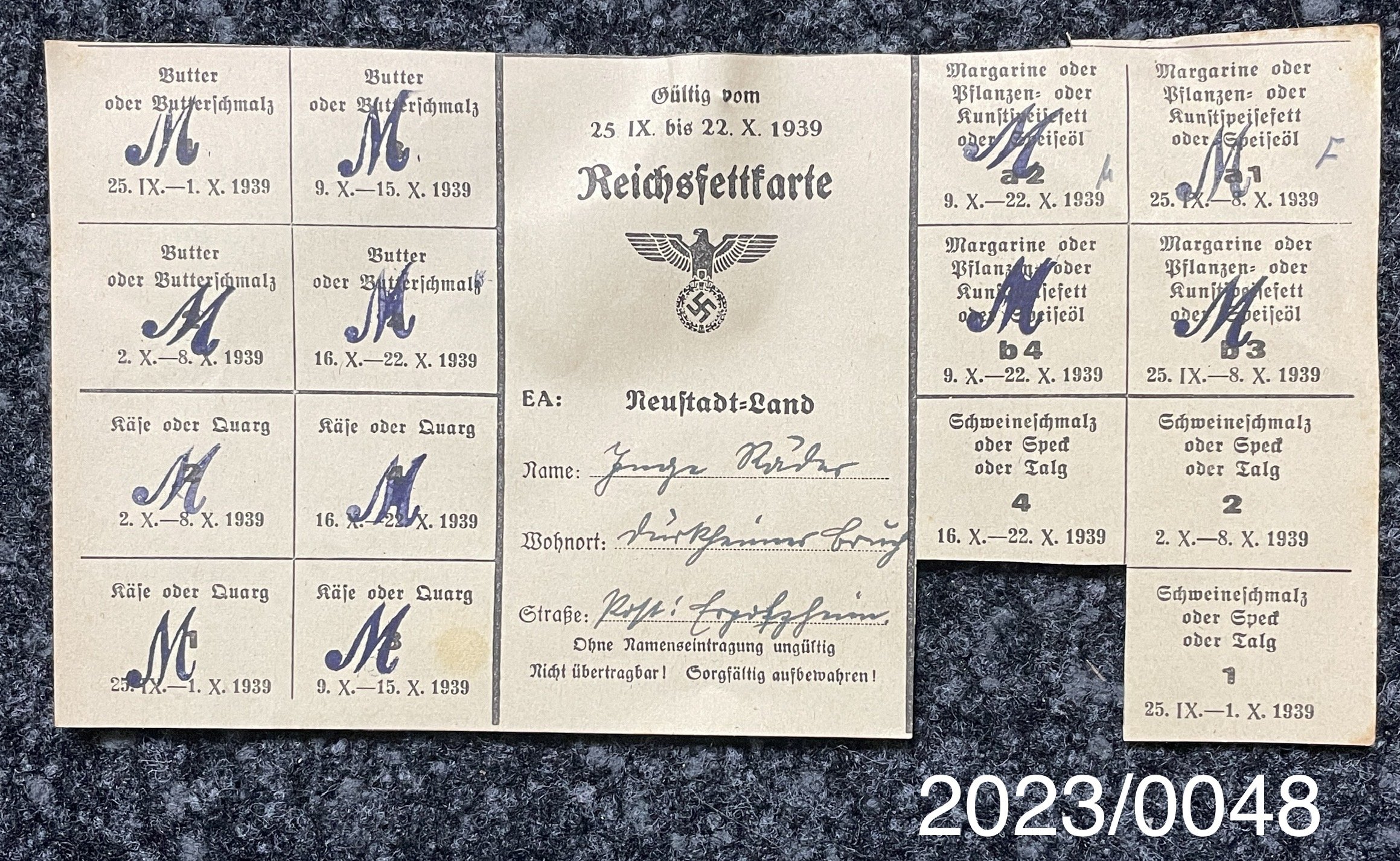 Reichsfettkarte 1939 (Stadtmuseum Bad Dürkheim im Kulturzentrum Haus Catoir CC BY-NC-SA)