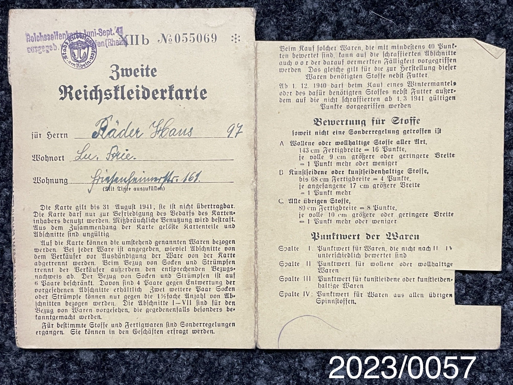 Zweite Reichskleiderkarte 1941 (Stadtmuseum Bad Dürkheim im Kulturzentrum Haus Catoir CC BY-NC-SA)