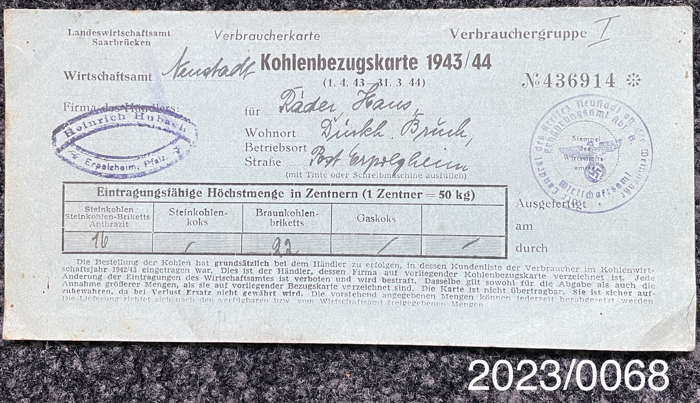 Kohlenbezugskarte 1943/44 Hans Räder (Stadtmuseum Bad Dürkheim im Kulturzentrum Haus Catoir CC BY-NC-SA)