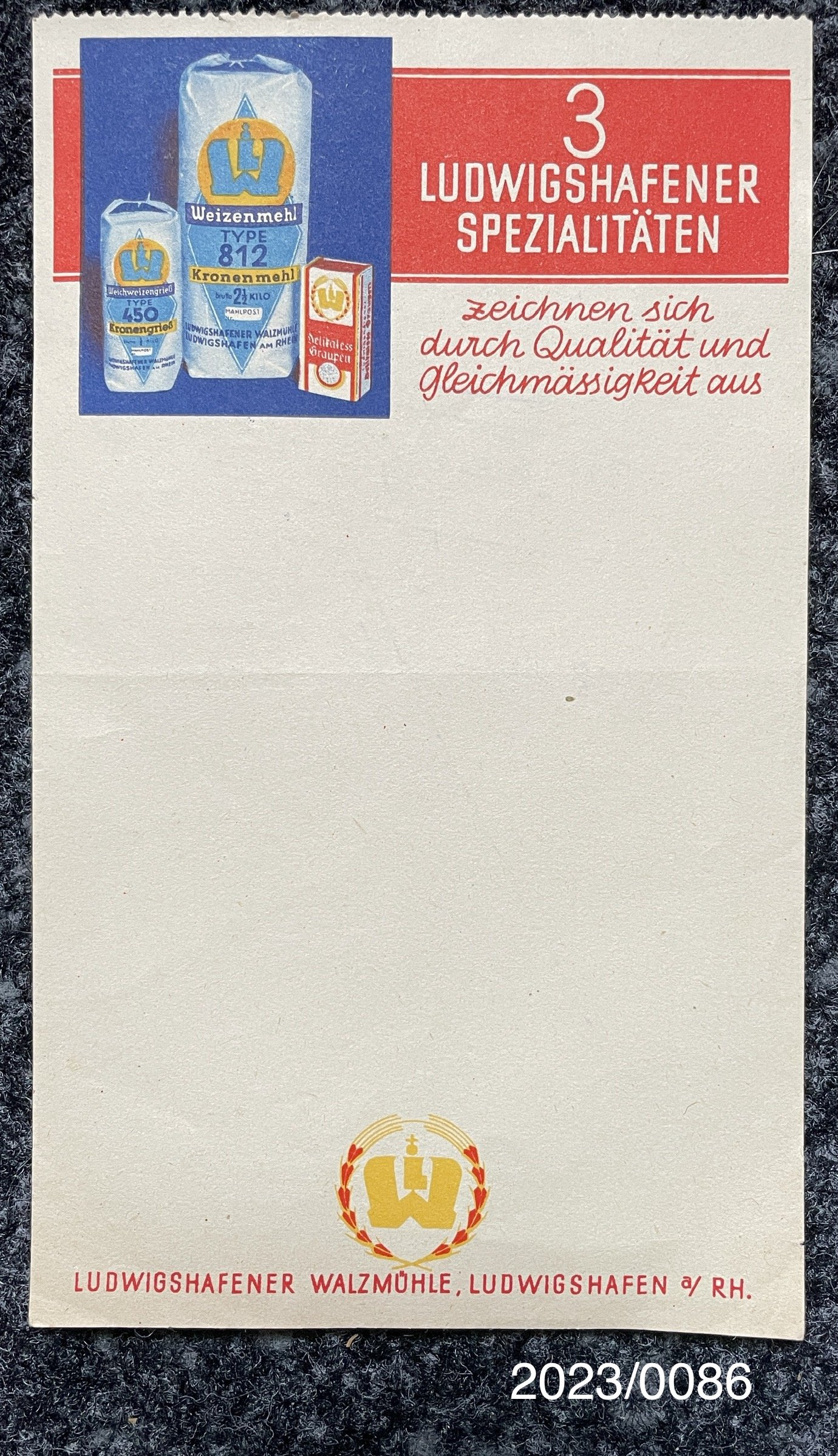 Notizzettel "Ludwigshafener Spezialitäten" mit handschriftlicher Addition 1941 (Stadtmuseum Bad Dürkheim im Kulturzentrum Haus Catoir CC BY-NC-SA)