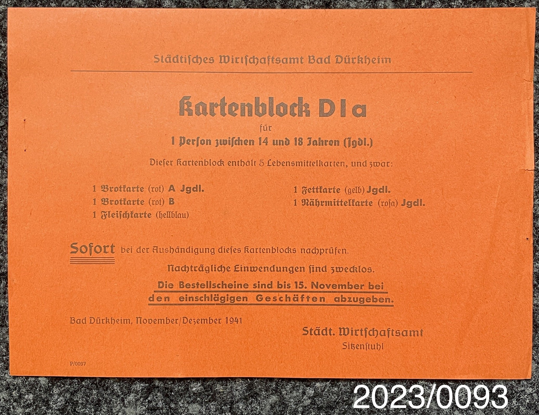 Zettel für "Kartenblock D I a" 1941 (Stadtmuseum Bad Dürkheim im Kulturzentrum Haus Catoir CC BY-NC-SA)