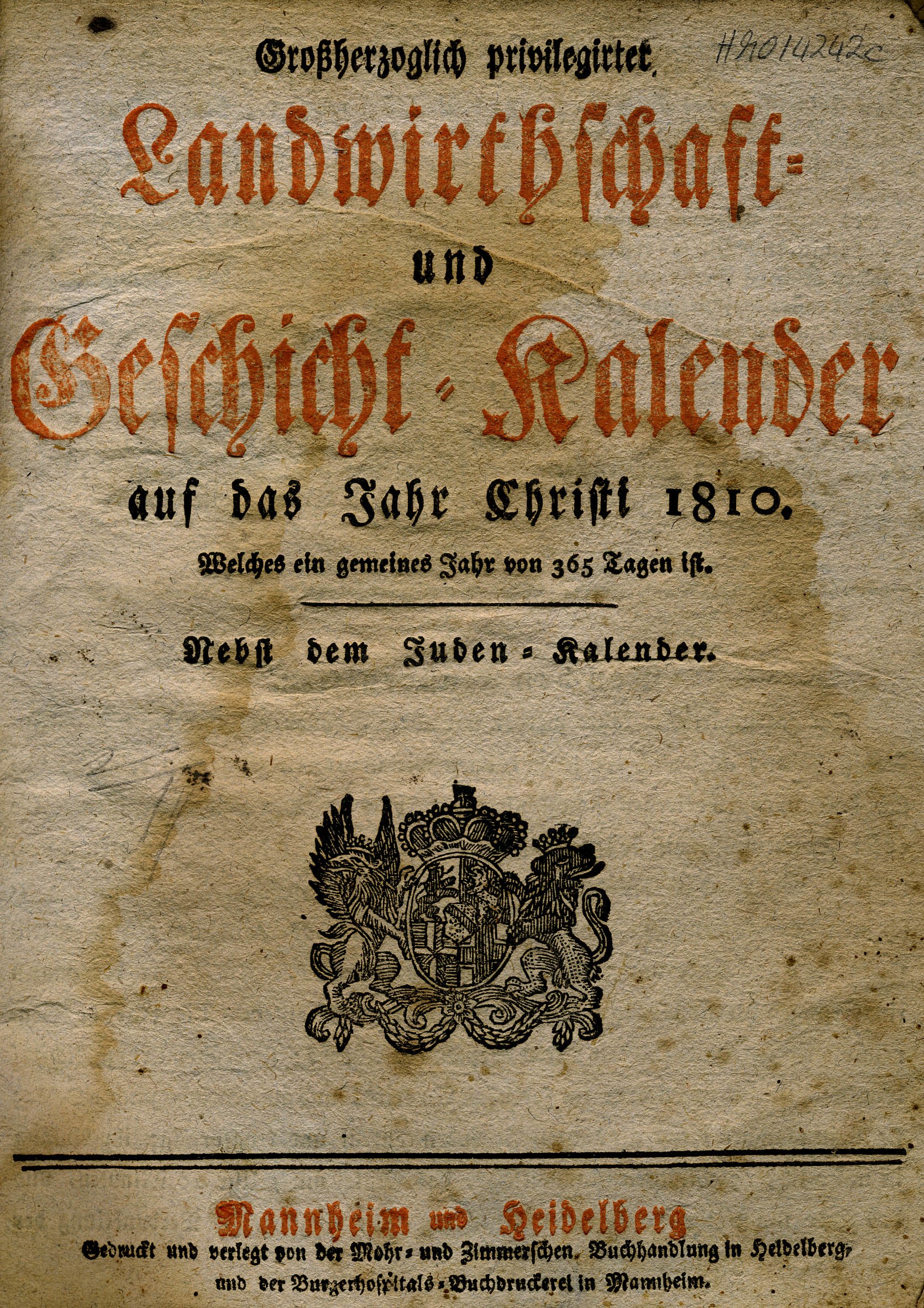 Landwirtschafts –und Geschichtskalender für das Jahr 1810 (Mannheim und Heidelberg) (Historisches Museum der Pfalz, Speyer CC BY)