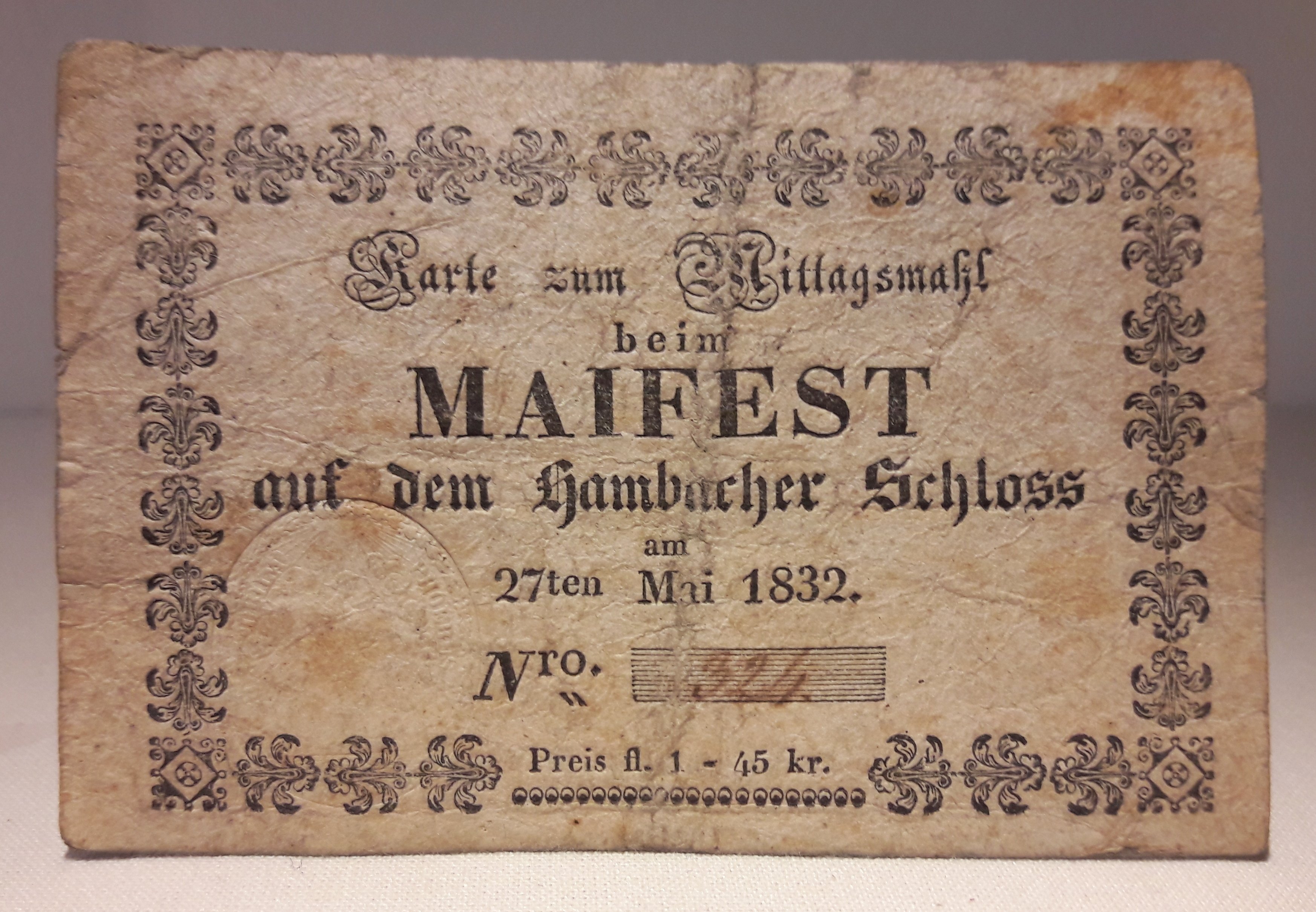 Karte zum Mittagsmahl beim Maifest auf dem Hambacher Schloß (Historisches Museum der Pfalz, Speyer CC BY)