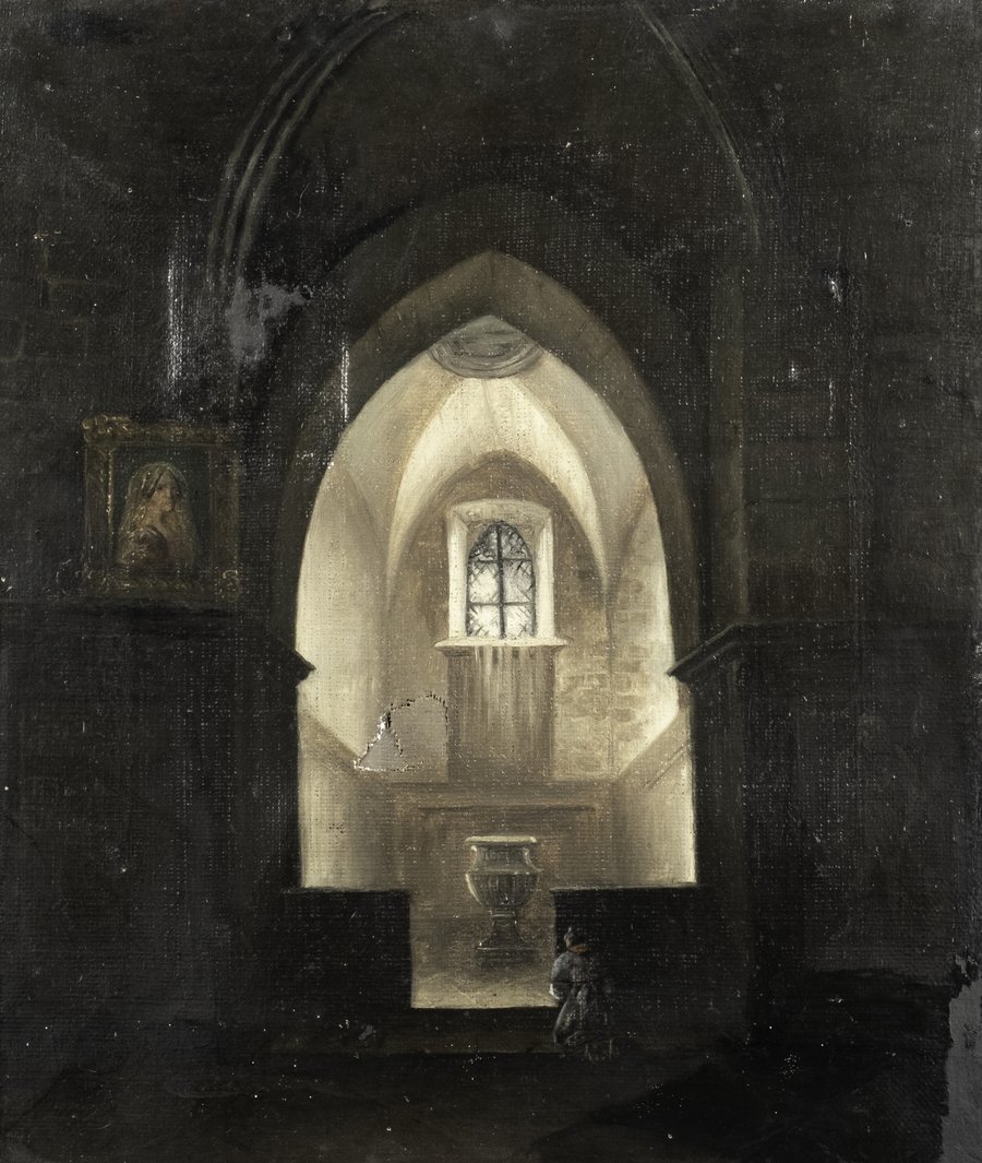 Kircheninterieur: Kapelle mit Taufstein in dunkler Kirche (Historisches Museum der Pfalz, Speyer CC BY-NC-ND)