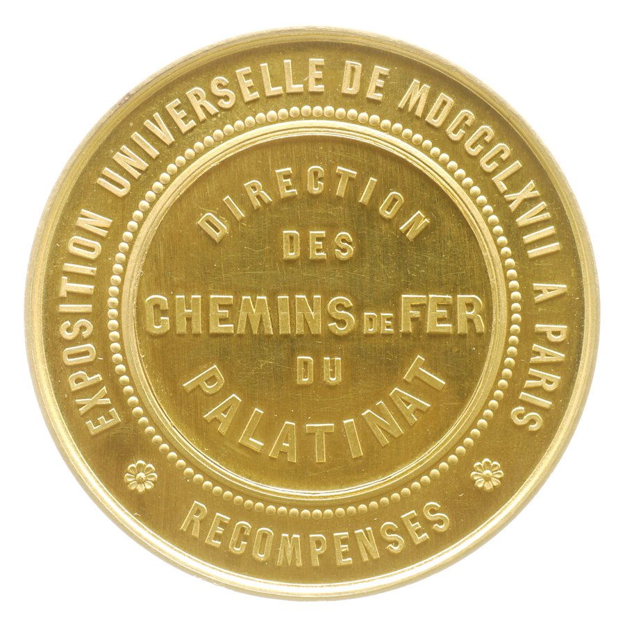 Medaille der Weltausstellung in Paris 1867 für die Direktion der pfälzischen Eisenbahnen (Historisches Museum der Pfalz, Speyer CC BY)