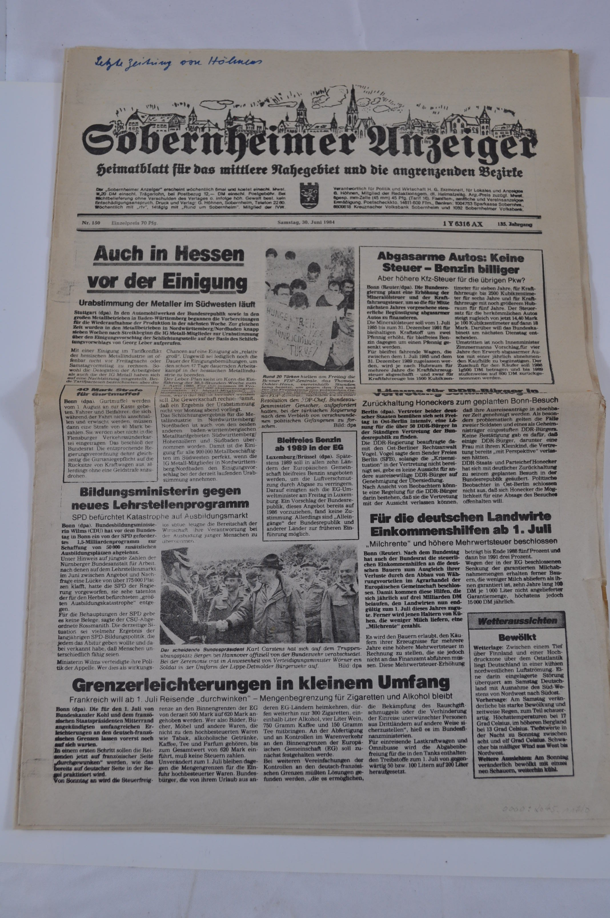 Zeitschrift Sobernheimer Anzeiger vom 30.06.1984 "letzte Ausgabe" (Rheinland-Pfälzisches Freilichtmuseum CC BY-NC-SA)