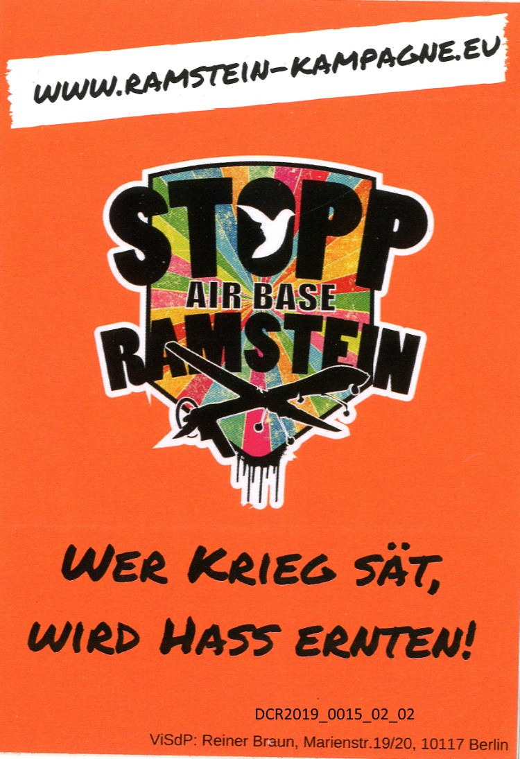 Aufkleber, Stopp Air Base Ramstein, Wer Krieg sät, wird Hass ernten! ("dc-r" docu center ramstein RR-F)