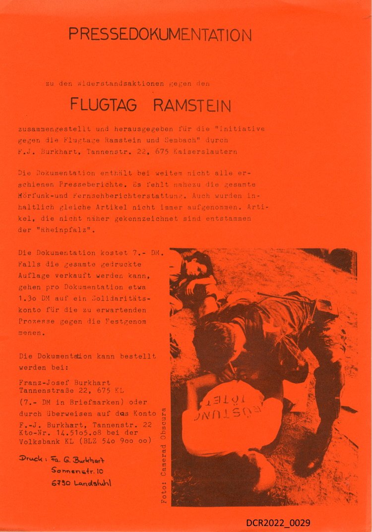 Pressedokumentation zu den Widerstandsaktionen gegen den Flugtag Ramstein ("dc-r" docu center ramstein RR-F)