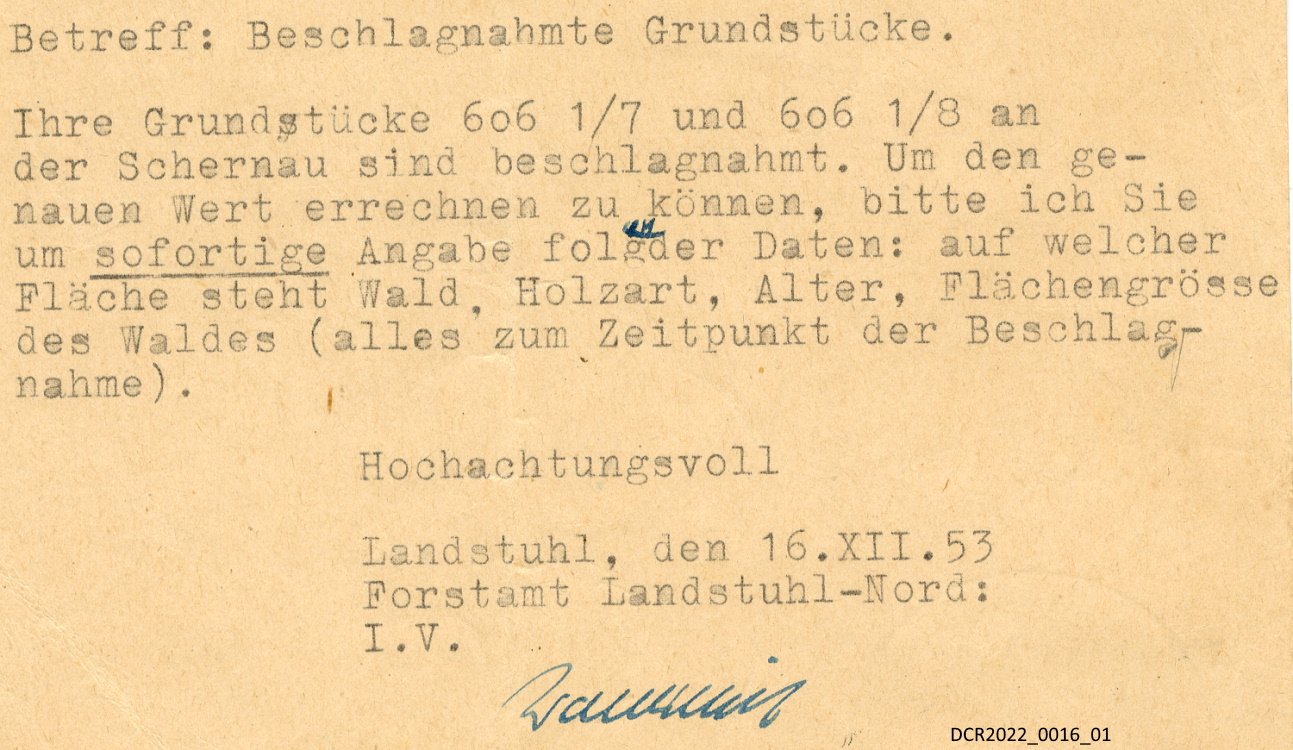 Postkarte, Mitteilung über Beschlagnahme von zwei Grundstücken ("dc-r" docu center ramstein CC BY-NC-SA)