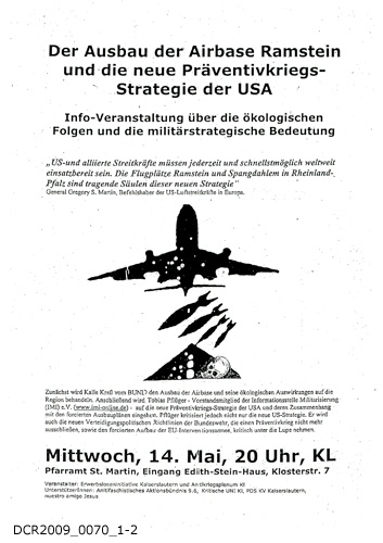 Handzettel, Der Ausbau der Airbase Ramstein und die neue Präventivkriegs-Strategie der USA, Info-Veranstaltung über die Ökologischen Folgen und die militärstrat (dc-r docu center ramstein RR-F)