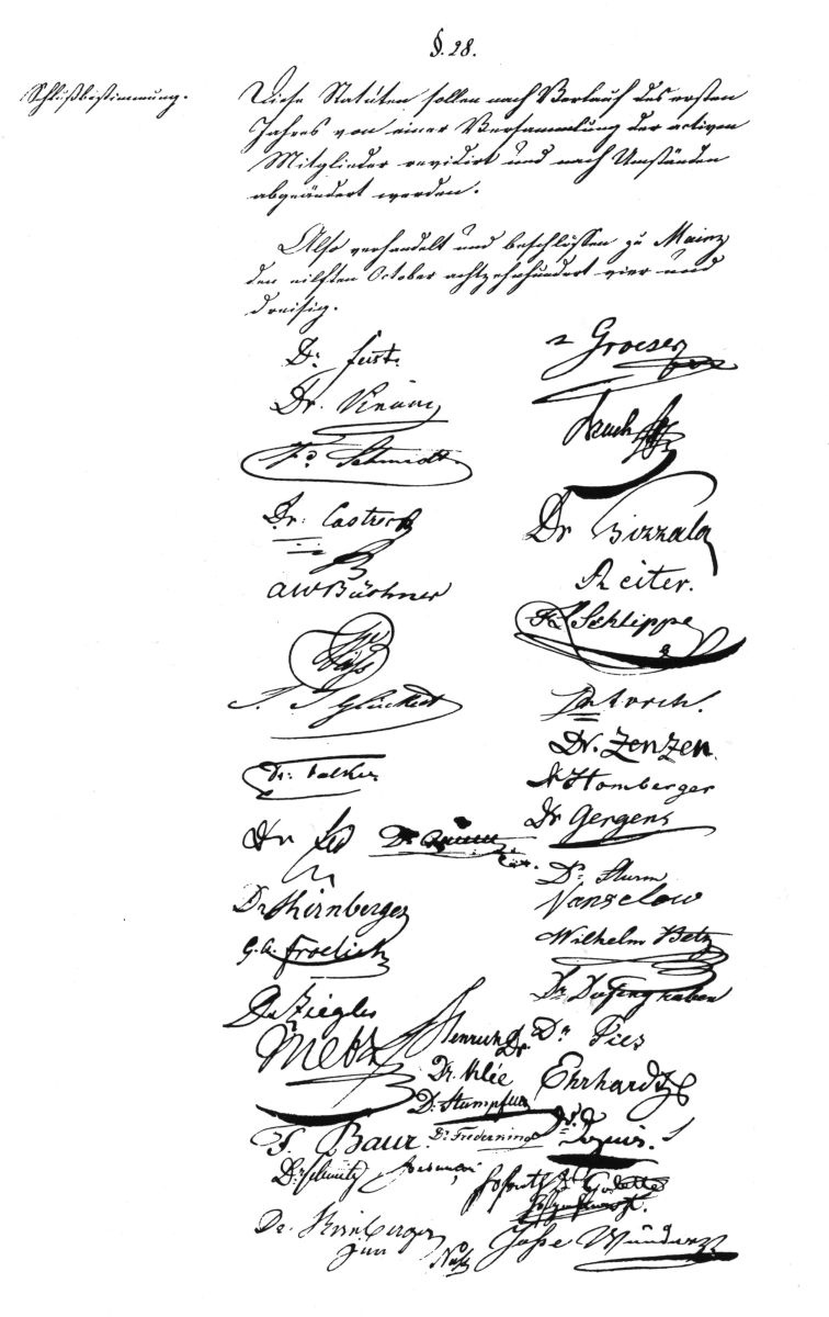 Unterschriften der Gründungsmitglieder unter den ersten Statuten der Rheinischen Naturforschenden Gesellschaft (Naturhistorisches Museum Mainz / Landessammlung für Naturkunde Rheinland-Pfalz CC BY-NC-SA)