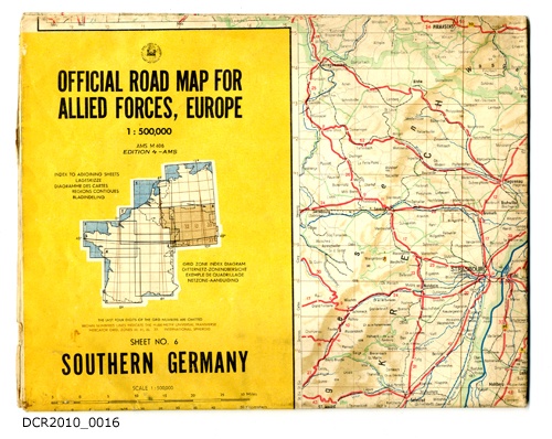 Landkarte, Straßenkarte von Süddeutschland, Official Road Map Allied Forces Europe, Southern Germany (dc-r docu center ramstein RR-F)