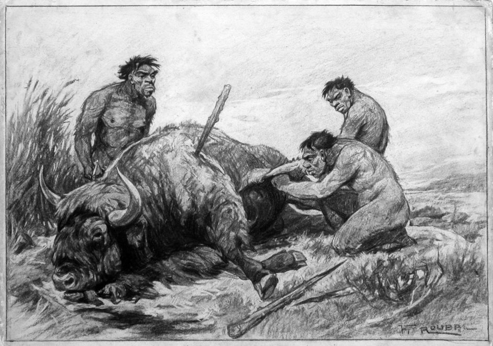 Neandertaler an erlegtem Wisent (Naturhistorisches Museum Mainz / Landessammlung für Naturkunde Rheinland-Pfalz CC BY-NC-SA)