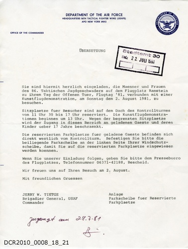 Einladungsschreiben, Flugtag Ramstein 1981 (dc-r docu center ramstein CC BY-NC-SA)