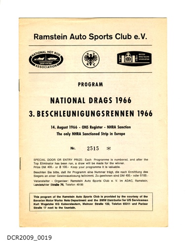 Programmheft, Ramstein Auto Sports Club e.V., PROGRAM, NATIONAL DRAGS 1966, 3. BESCHLEUNIGUNGSRENNEN 1966 (dc-r docu center ramstein CC BY-NC-SA)