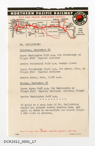 Plan für eine Reise von Washington über Pittsburgh nach Akron (dc-r docu center ramstein RR-F)