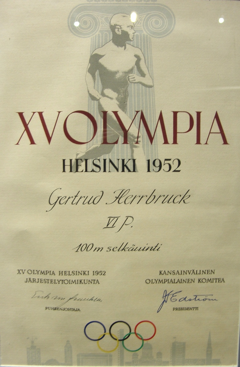 Olympiaurkunde Gertrud Herrbruck, 1952 Helsinki (Pfälzisches Sportmuseum im Deutschen Schuhmuseum Hauenstein CC BY-NC-SA)