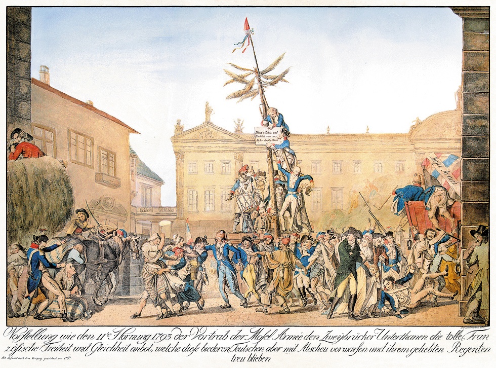 Errichtung des Freiheitsbaumes am 11. Februar 1793 in Zweibrücken durch französische Revolutionstruppen (Stadtmuseum Zweibrücken CC BY-NC-SA)