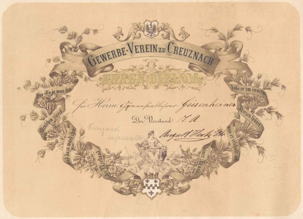 Ehren-Diplom des Gewerbe-Vereins zu Creuznach für Ludwig Geisenheyner (Naturhistorisches Museum Mainz / Landessammlung für Naturkunde Rheinland-Pfalz CC BY-NC-SA)