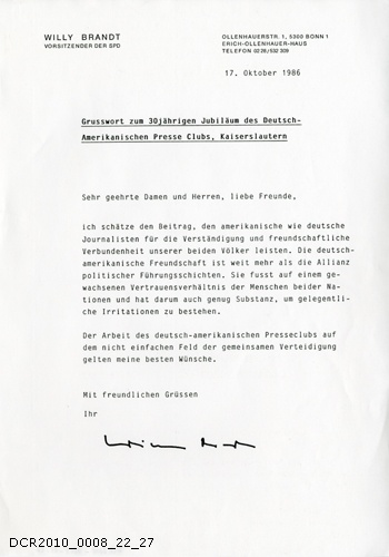Grußwort von Willy Brandt zum 30-jährigen Jubiläum des Deutsch-Amerikanischen Presseclubs (dc-r docu center ramstein CC BY-NC-SA)