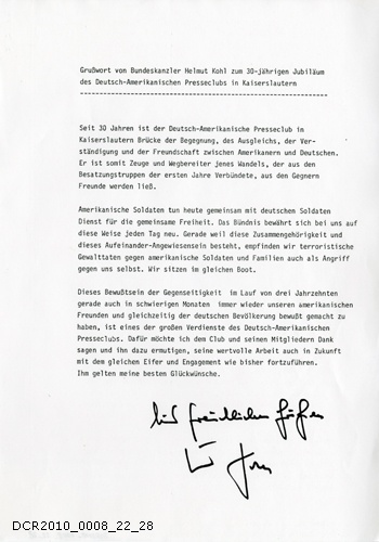 Grußwort von Bundeskanzler Helmut Kohl zum 30-jährigen Jubiläum des Deutsch-Amerikanischen Presseclubs (dc-r docu center ramstein CC BY-NC-SA)