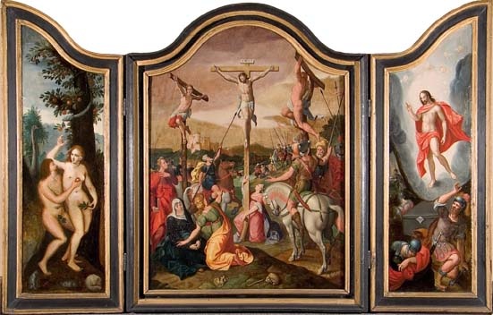 Triptychon:Kreuzigung Christi(Mitte),Sündenfall(links),Auferstehung(rechts) (Mittelrhein-Museum Koblenz CC BY-NC-SA)
