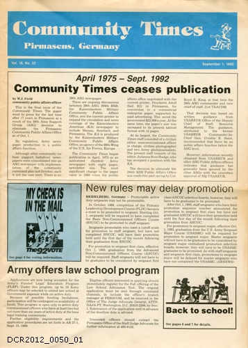 Standortzeitung, Community Times, Vol. 18, Nr.22, 1. September 1992 (dc-r docu center ramstein RR-F)
