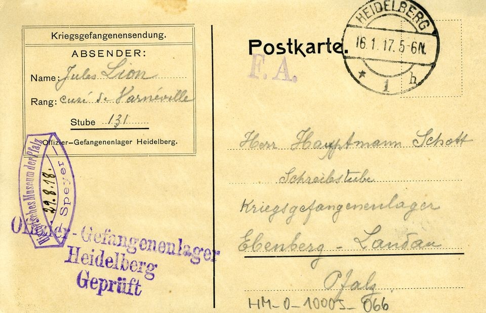 Postkarte aus dem Offizier-Gefangenenlager Heidelberg (Historisches Museum der Pfalz, Speyer CC BY)