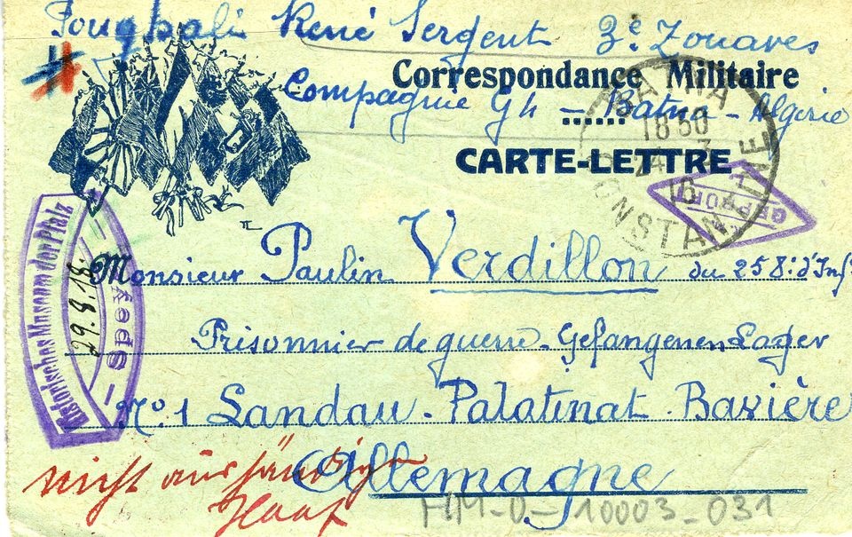 Französische Briefkarte in das Gefangenenlager Landau (Historisches Museum der Pfalz, Speyer CC BY)