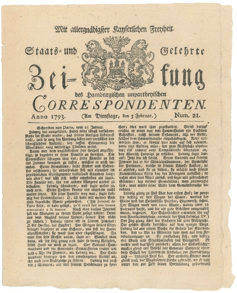 Staats- und gelehrte Zeitung des Hamburgischen unpartheyischen Correspondenten Num. 21 vom 5. Februar 1793 (Gutenberg-Museum CC BY-NC-SA)