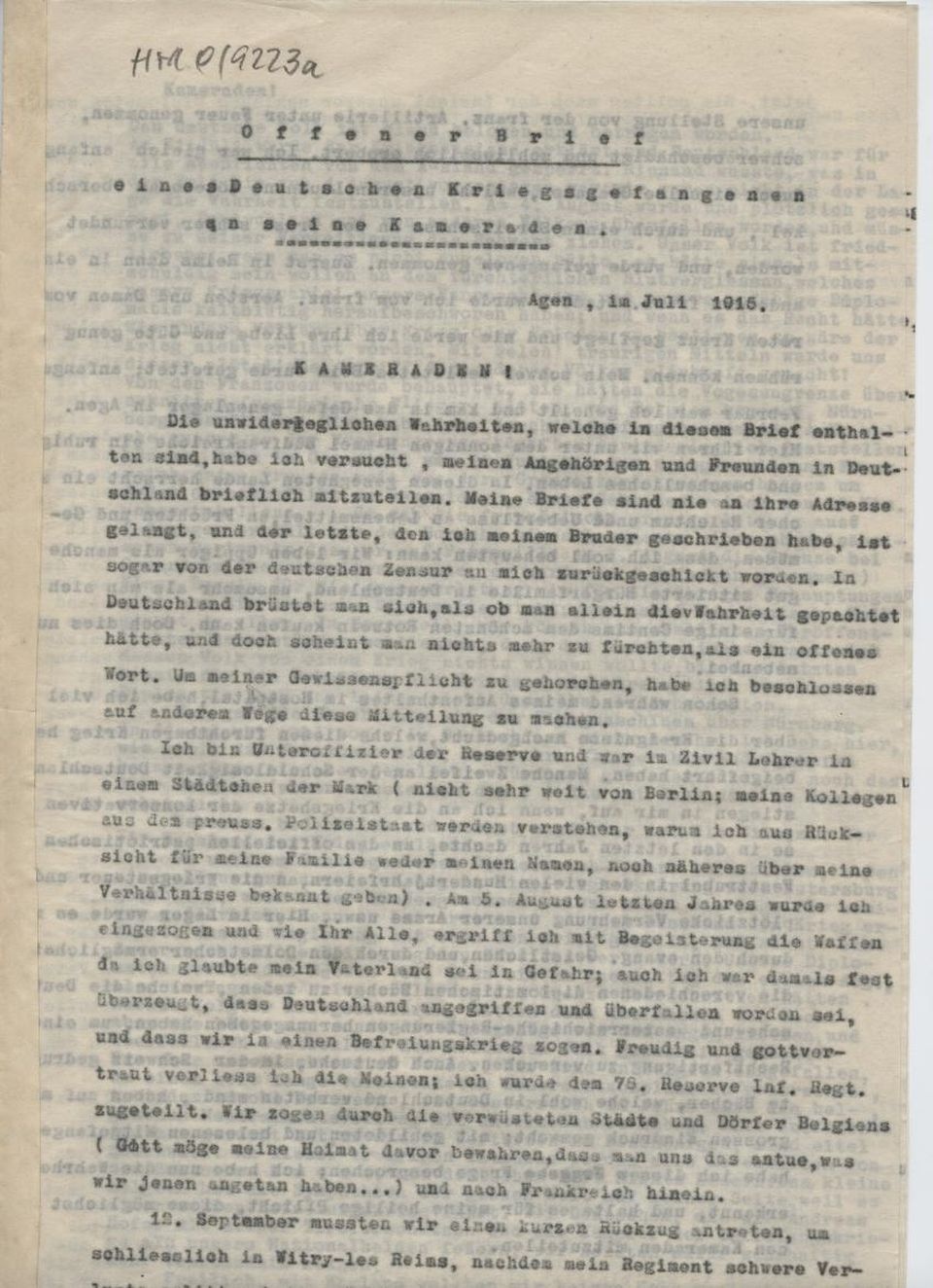 Offener Brief, Durchschlag des Manuskripts (Historisches Museum der Pfalz, Speyer CC BY)