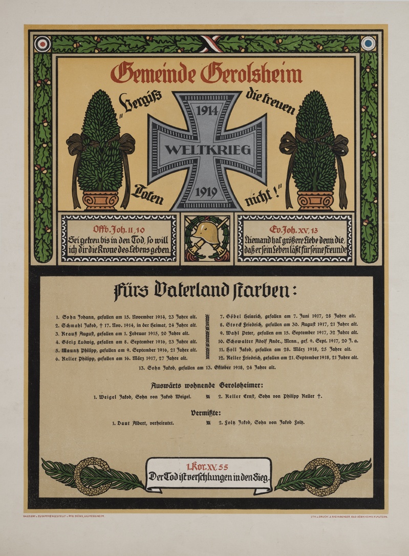Totenblatt für die Gefallenen der Gemeinde Gerolsheim (Historisches Museum der Pfalz, Speyer CC BY)