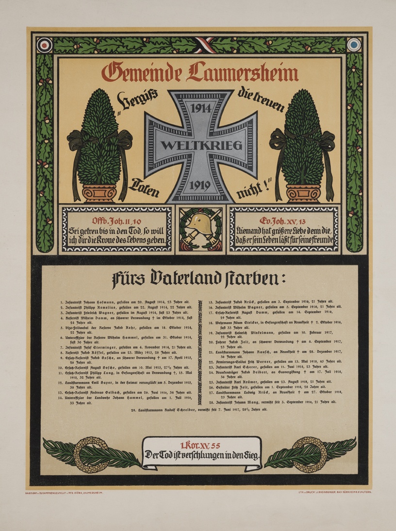 Totenblatt für die Gefallenen der Gemeinde Laumersheim (Historisches Museum der Pfalz, Speyer CC BY)