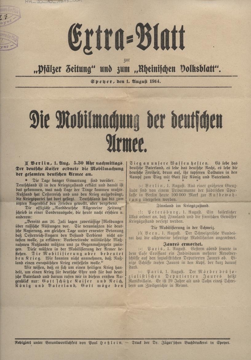 Extrablatt 1 August 1914 Historisches Museum Der Pfalz Speyer Museum Digital Rheinland Pfalz