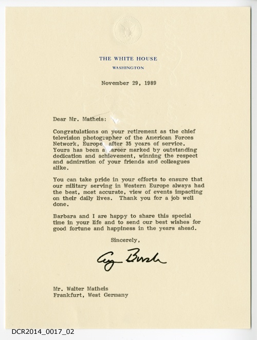 Brief von George Bush an Walter Matheis (dc-r docu center ramstein CC BY-NC-SA)