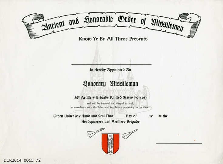 Urkunde, Honorary Missileman, 32d Artillery Brigade (&quot;dc-r&quot; docu center ramstein CC BY-NC-SA)