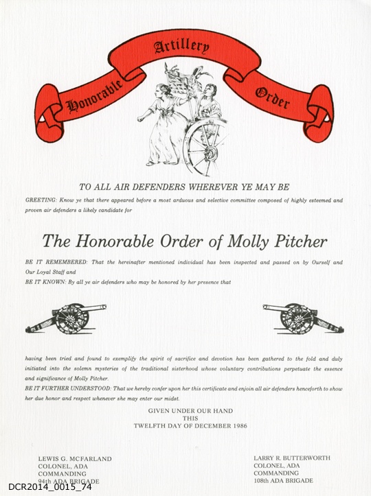 Urkunde, The Honorable Order of Molly Pitcher (&quot;dc-r&quot; docu center ramstein CC BY-NC-SA)