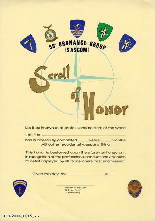 Urkunde, 59th Ordnance Group Sascom Scroll of Honor (&quot;dc-r&quot; docu center ramstein CC BY-NC-SA)