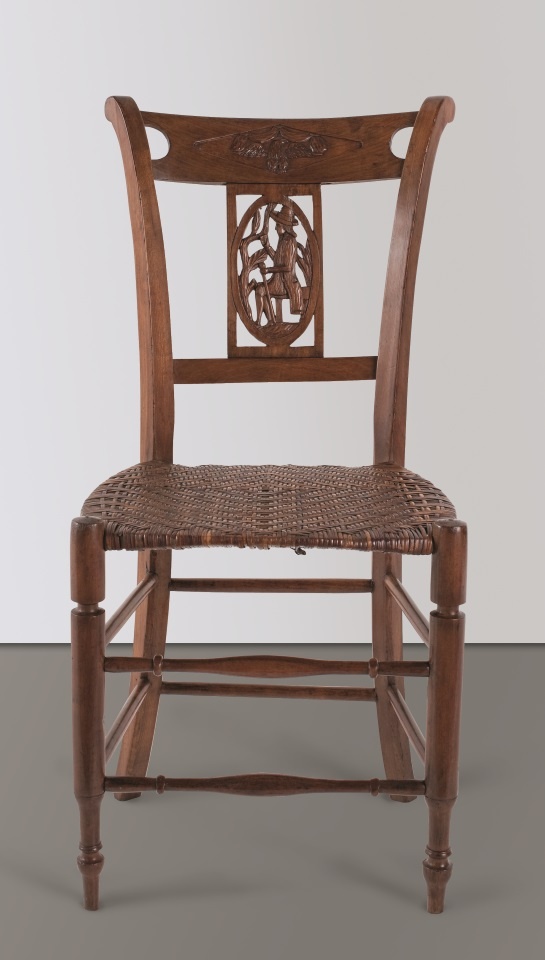 Zwei von sechs Stühlen mit figürlichen Darstellungen (Stadtmuseum Simeonstift Trier CC BY-NC-ND)