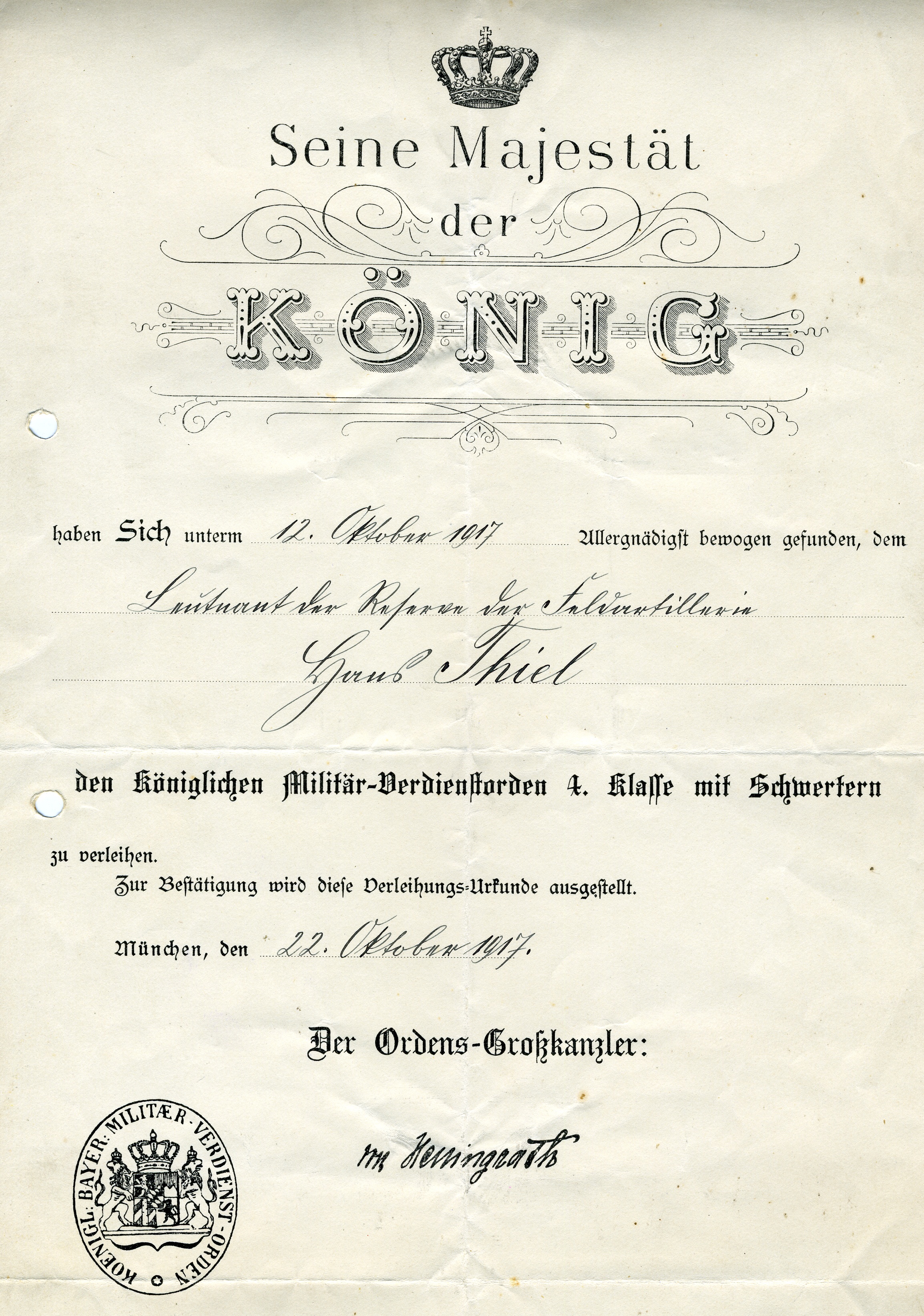 Königlich bayerische Urkunde "Militär-Verdienstorden" (Historisches Museum der Pfalz, Speyer CC BY)
