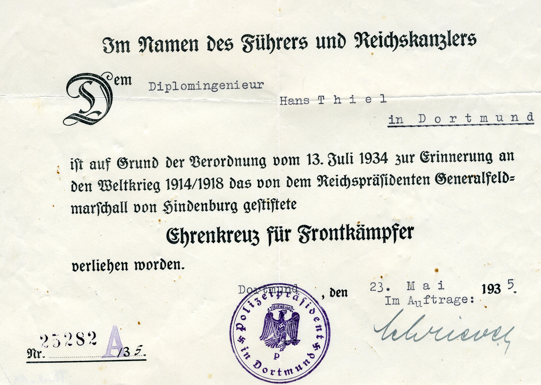 Urkunde "Ehrenkreuz für Frontkämpfer" Hans Thiel (Historisches Museum der Pfalz, Speyer CC BY)