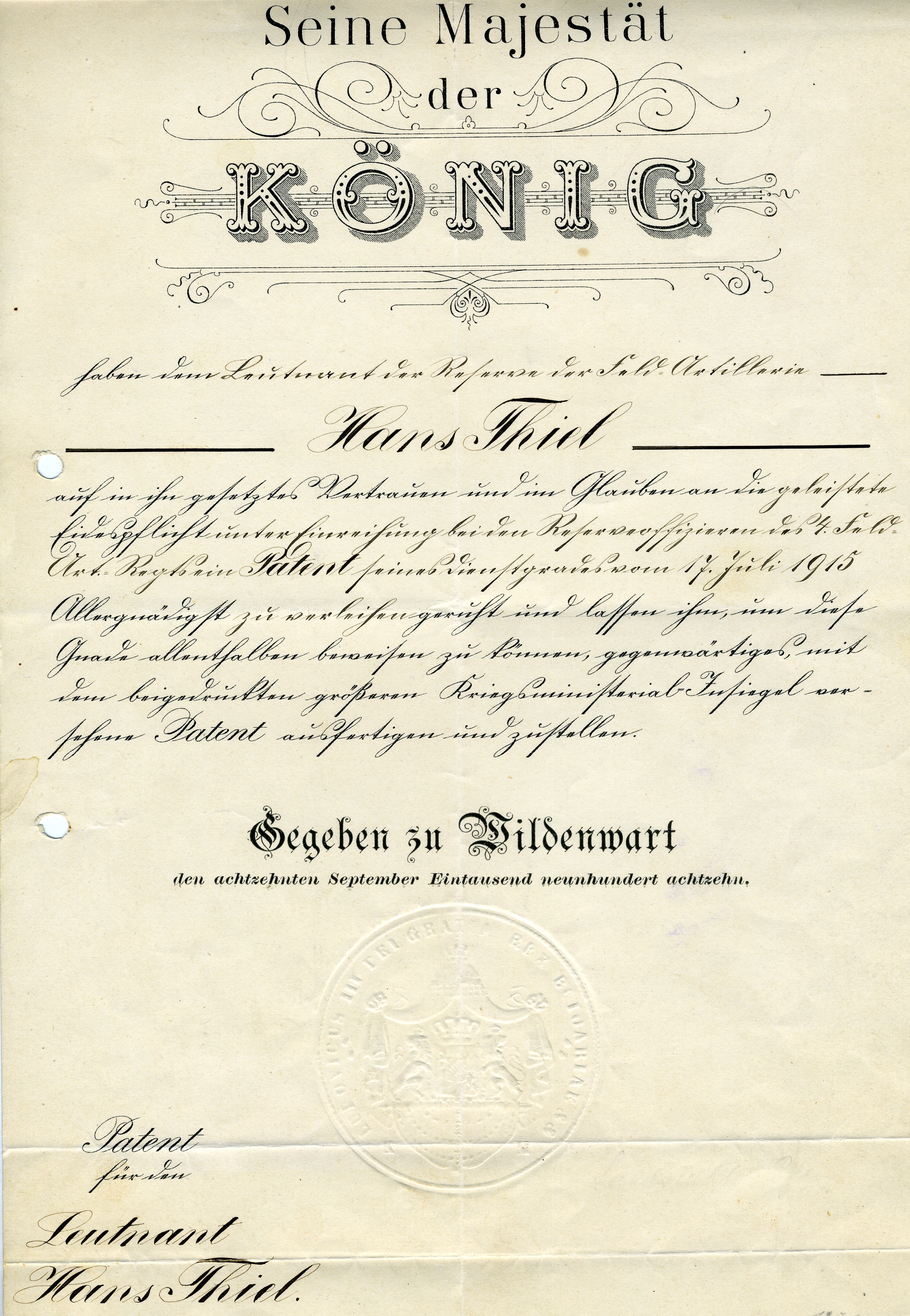 Urkunde "Patent für Hans Thiel" (Historisches Museum der Pfalz, Speyer CC BY)