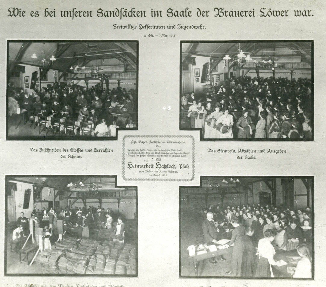 Postkarte "Wie es mit unseren Sandsäcken im Saale der Brauerei Löwer war, 1915" (Historisches Museum der Pfalz, Speyer CC BY)