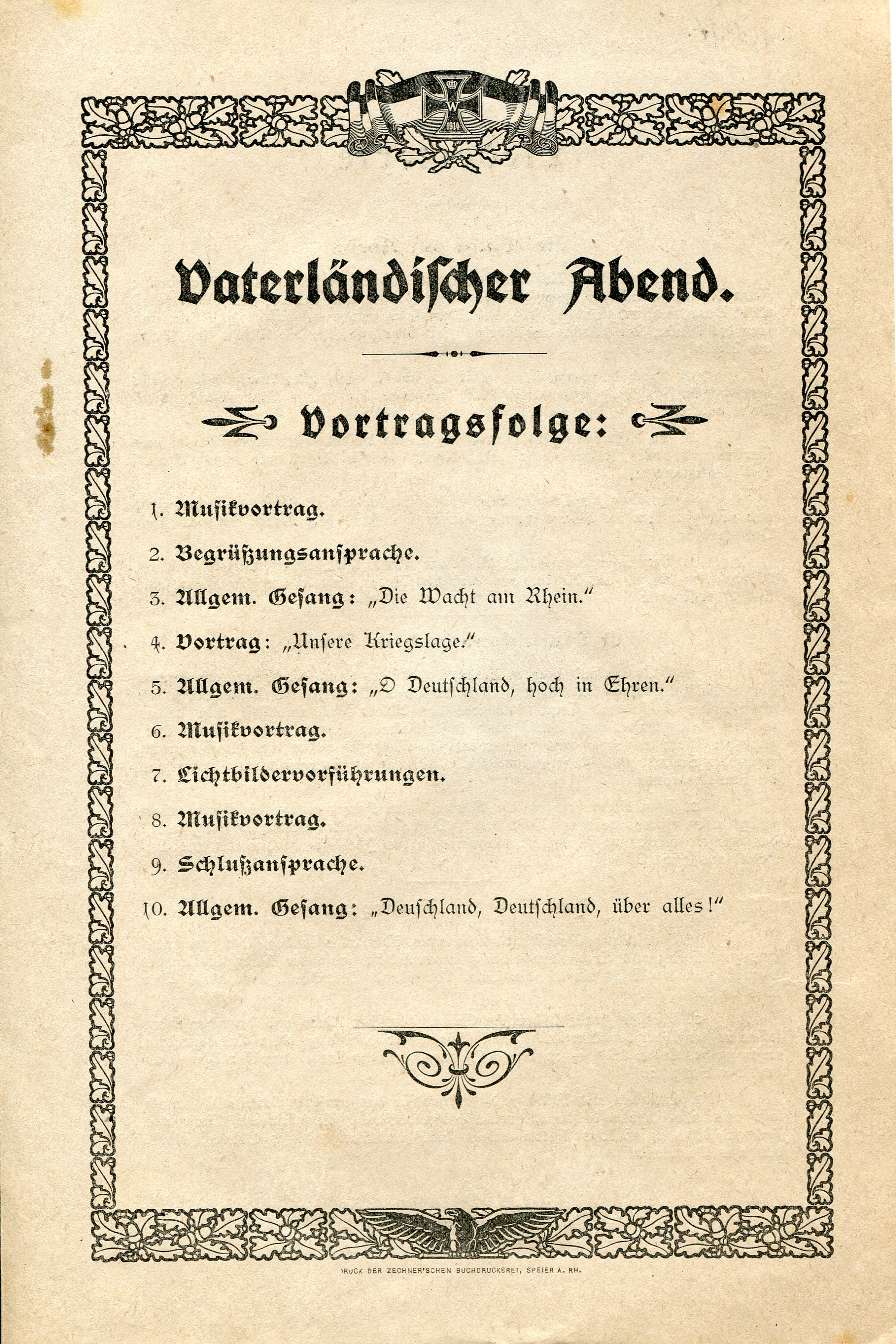 Vortragsfolge und Liedtextblatt "Vaterländischer Abend" (Historisches Museum der Pfalz, Speyer CC BY-NC-ND)