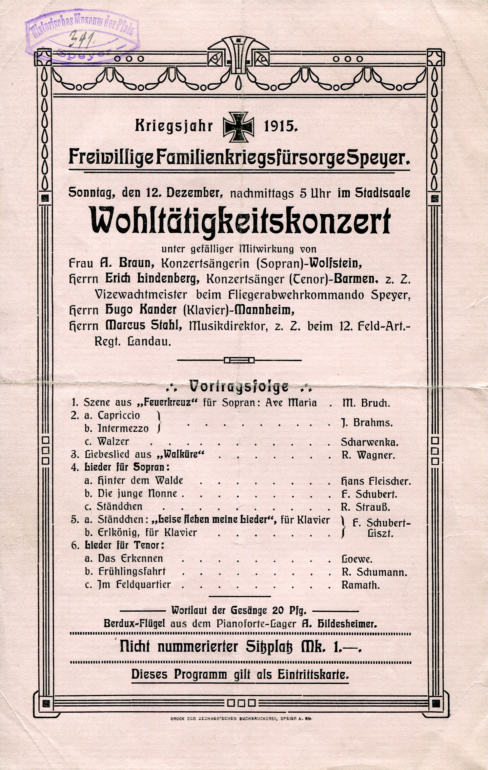 Programm "Wohltätigkeitskonzert" (Historisches Museum der Pfalz, Speyer CC BY-NC-ND)