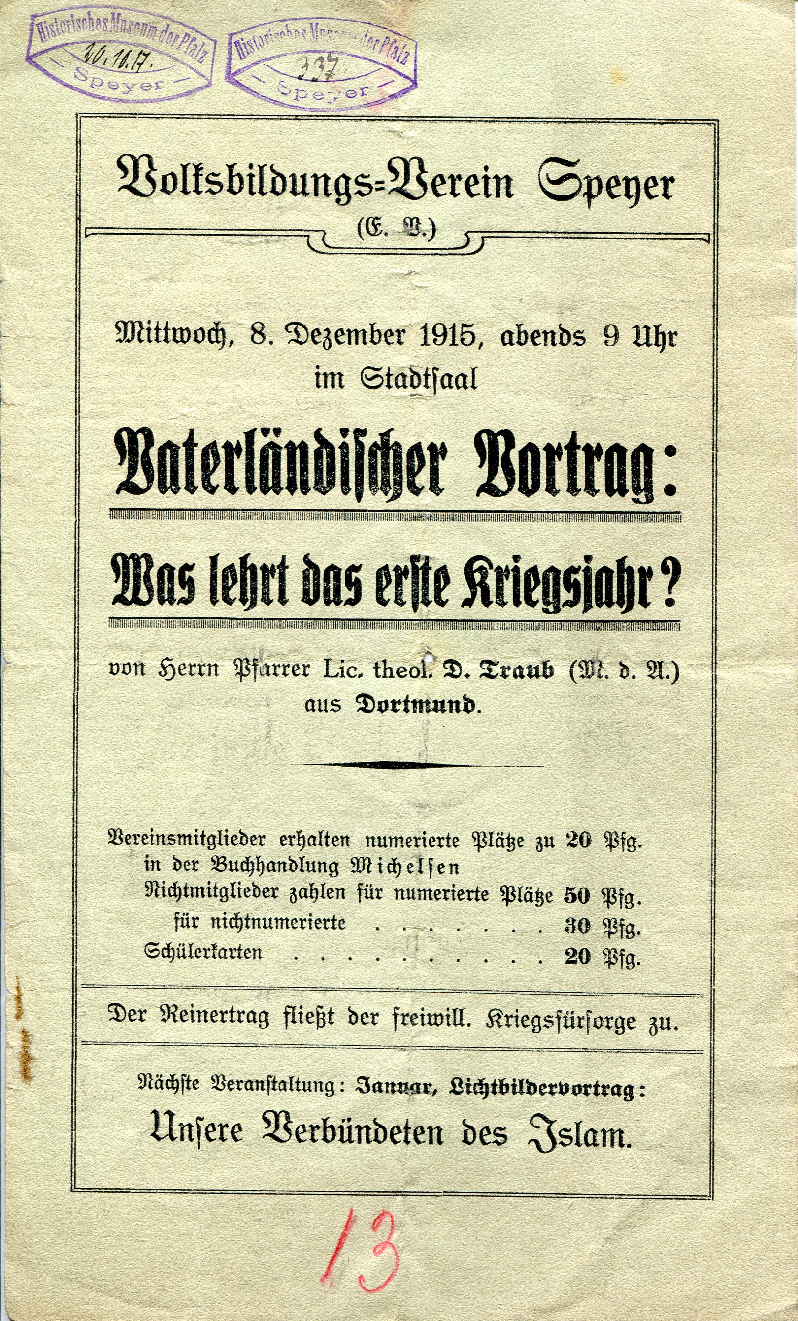 Informationsblatt "Vaterländischer Vortrag" (Historisches Museum der Pfalz, Speyer CC BY-NC-ND)