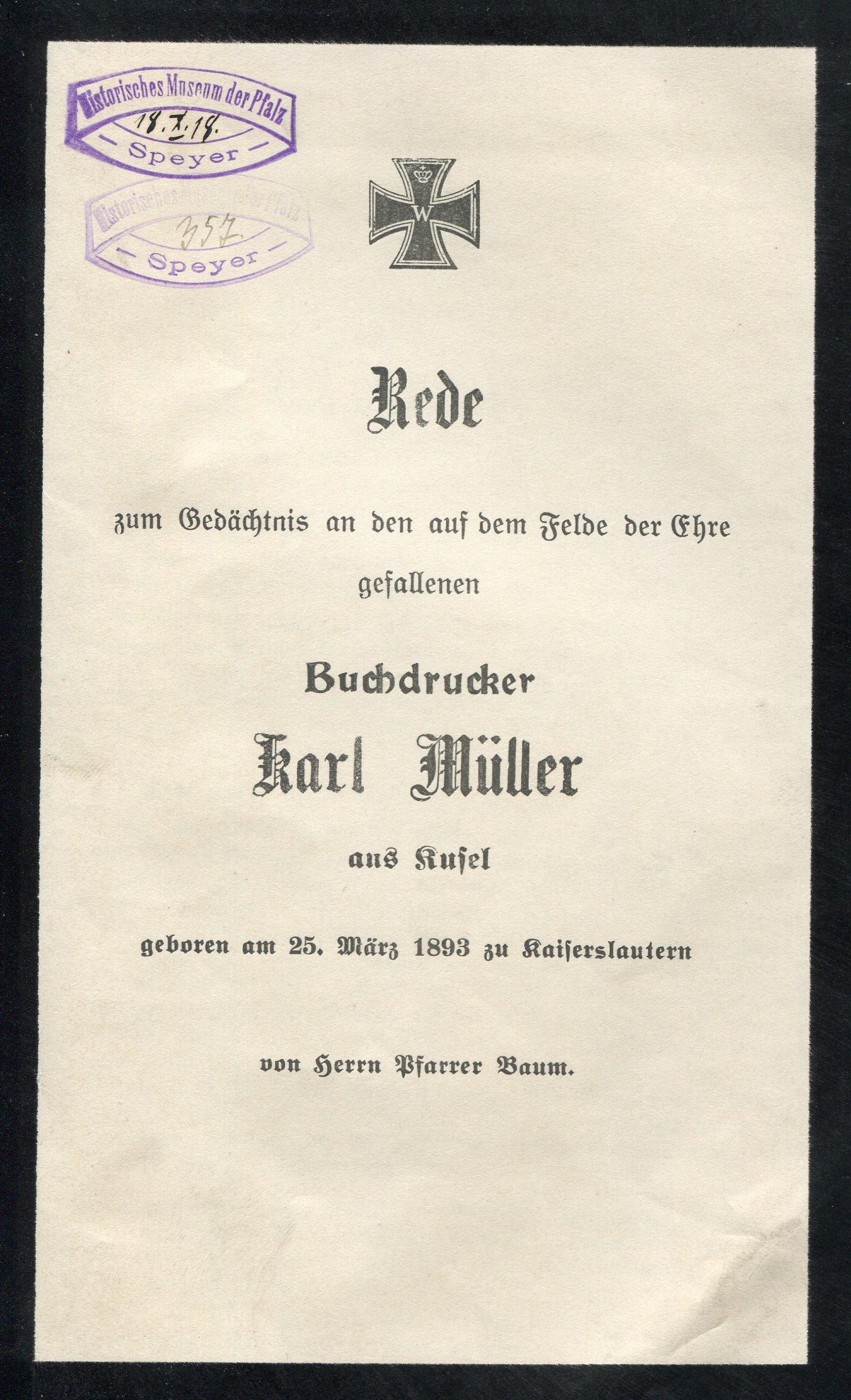 Gedächtnisrede "Karl Müller" (Historisches Museum der Pfalz, Speyer CC BY-NC-ND)