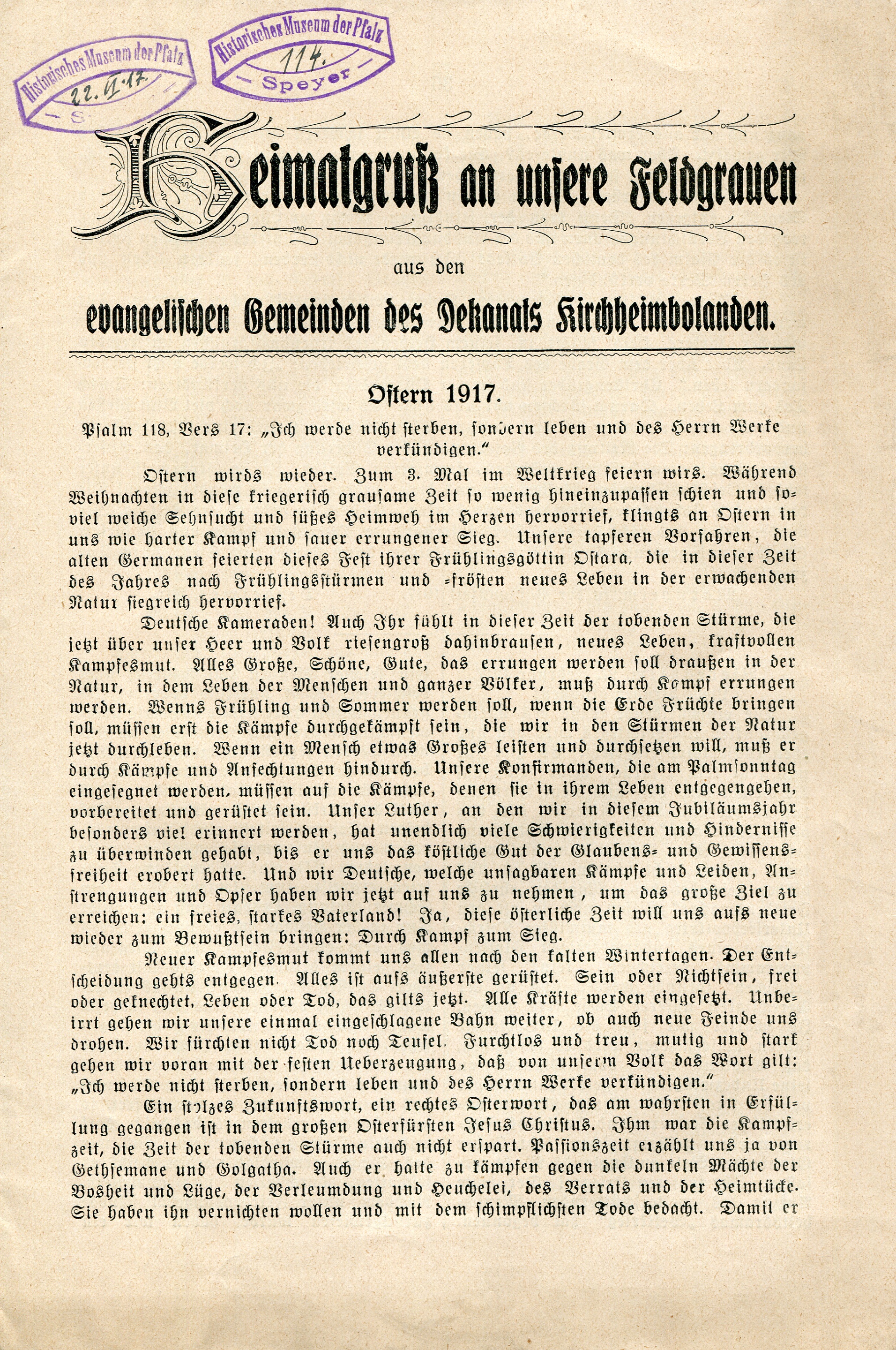 Dekanatsbrief Kirchheimbolanden, Ostern 1917: "Heimatgruß an unsere Feldgrauen" (Historisches Museum der Pfalz, Speyer CC BY-NC-ND)