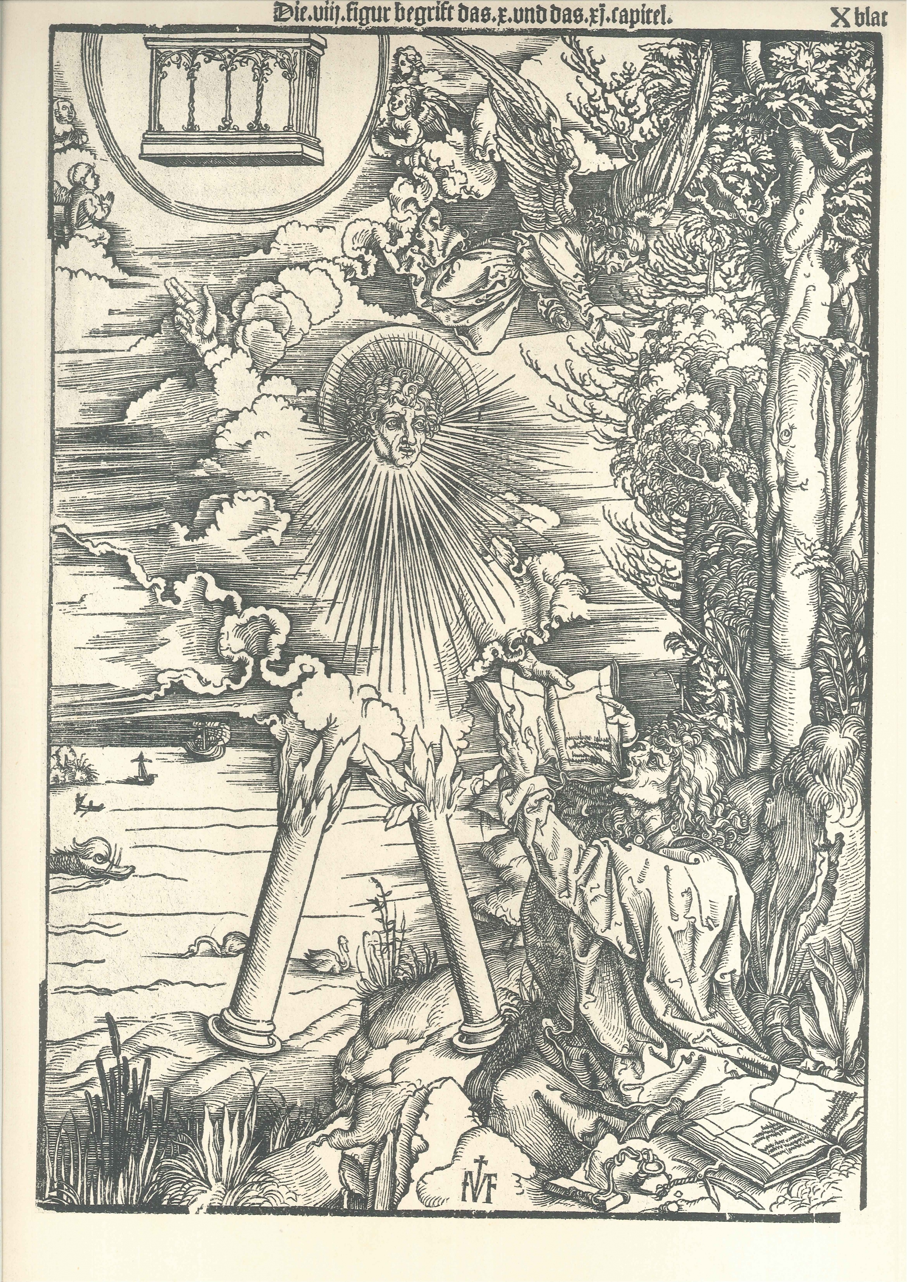 "Die heimliche Offenbarung Johannis", X. Blatt: Der starke Engel verschlingt das Buch (Gutenberg-Museum CC BY-NC-SA)