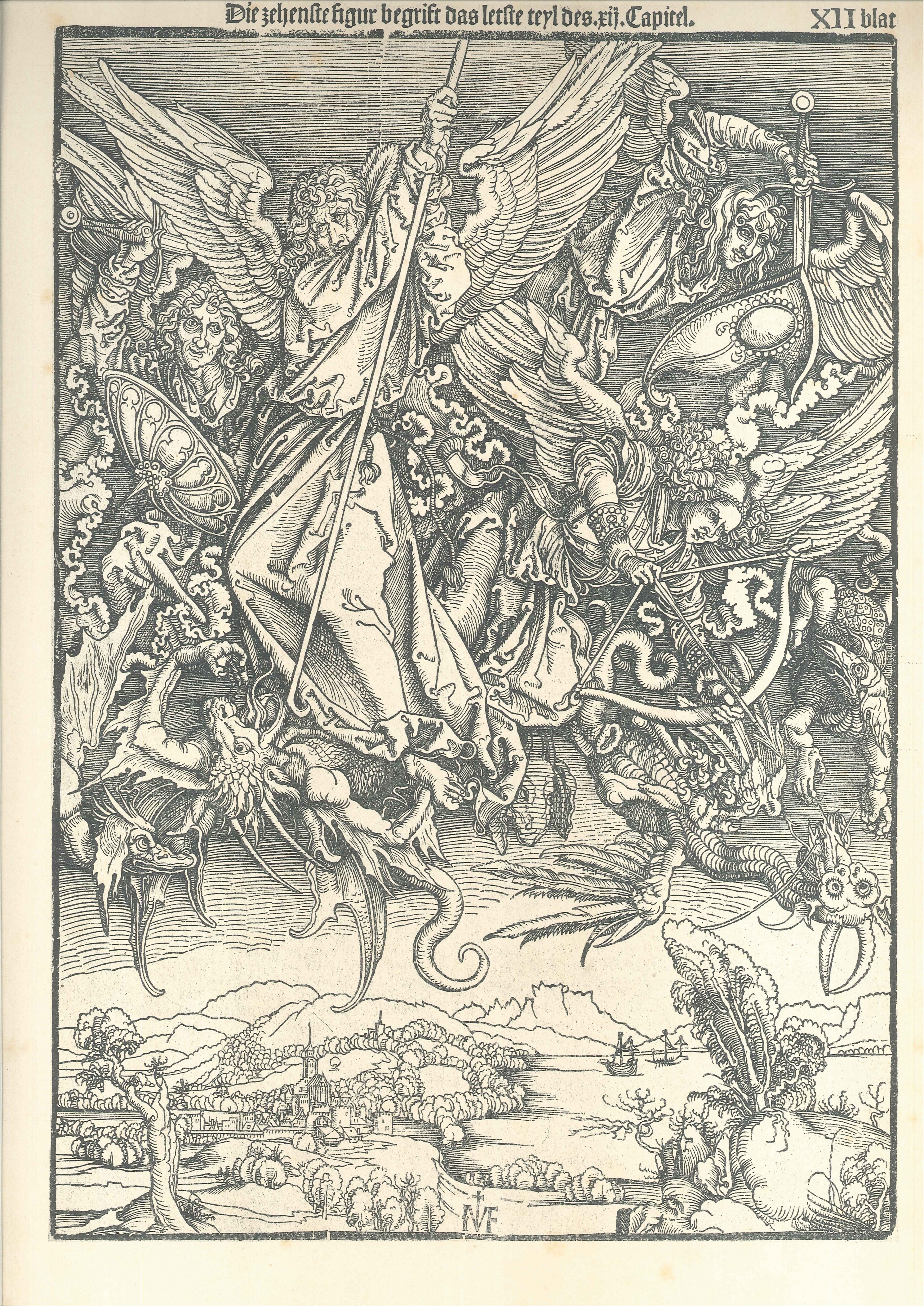 "Die heimliche Offenbarun Johannis", XII Blatt: Der Kampf Michaels mit dem Drachen (Gutenberg-Museum CC BY-NC-SA)